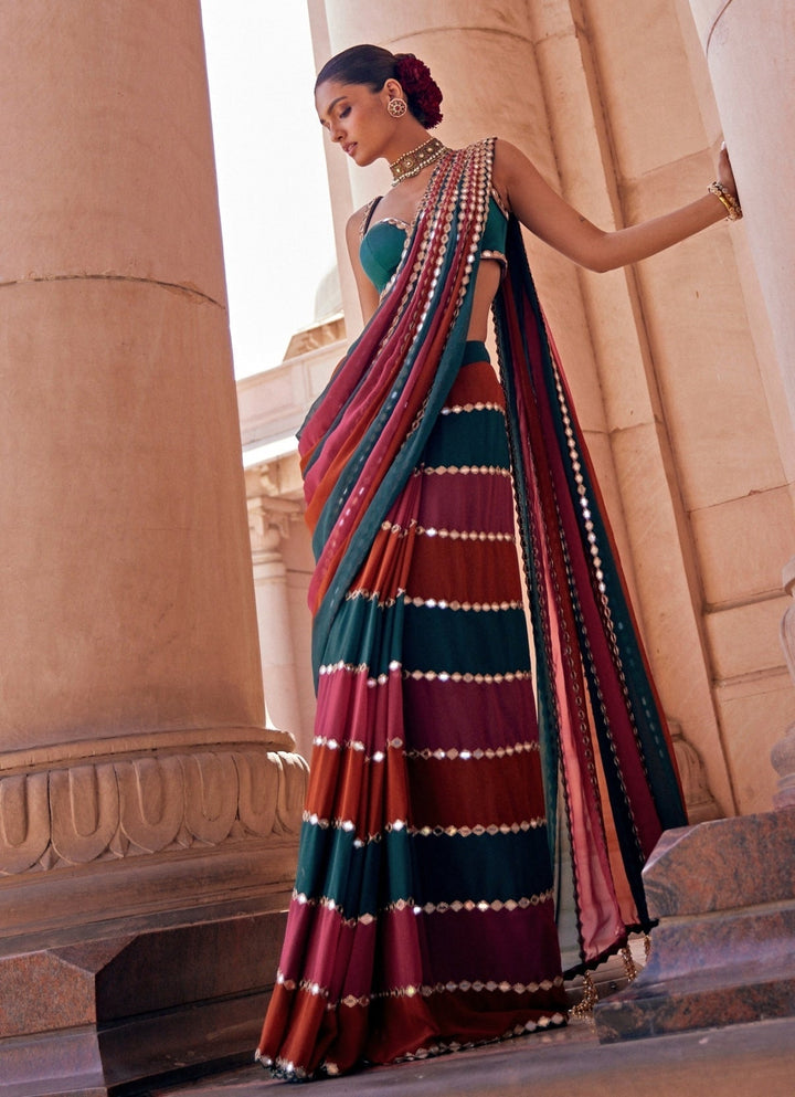 Cranberry Red Embroidered Georgette Predraped Saree Set Vvani by Vani Vats - Fabilicious Fashion