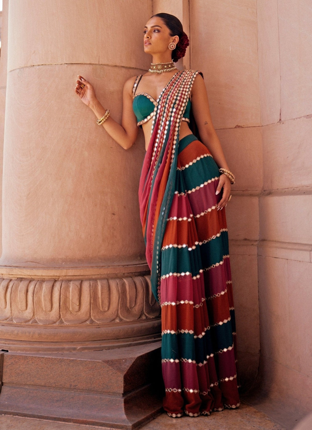Cranberry Red Embroidered Georgette Predraped Saree Set Vvani by Vani Vats - Fabilicious Fashion