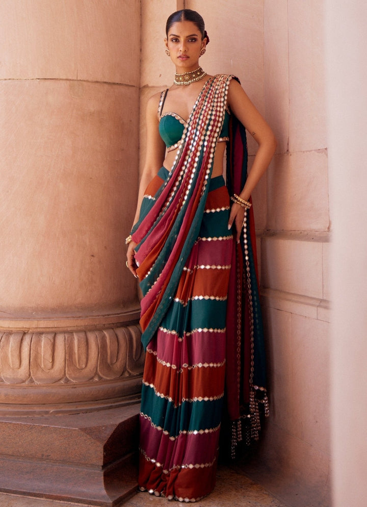 Cranberry Red Embroidered Georgette Predraped Saree Set Vvani by Vani Vats - Fabilicious Fashion
