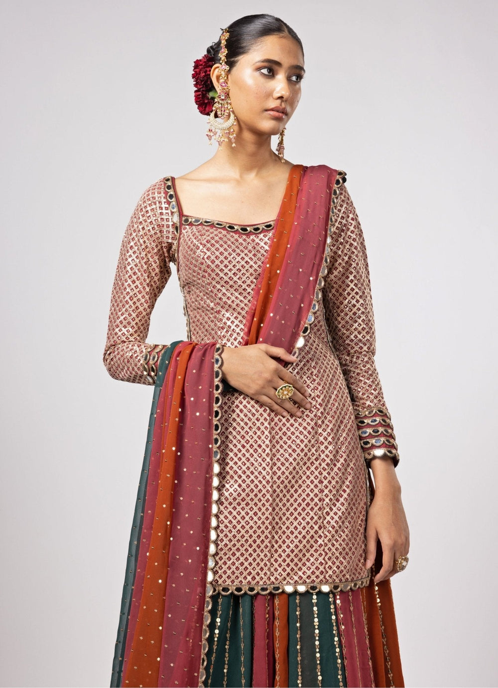 Cranberry Red Embroidered Kurta Lehenga Pants Set Vvani by Vani Vats - Fabilicious Fashion