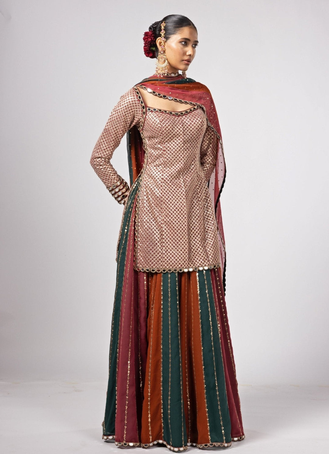 Cranberry Red Embroidered Kurta Lehenga Pants Set Vvani by Vani Vats - Fabilicious Fashion