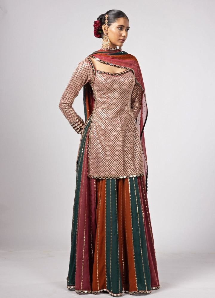 Cranberry Red Embroidered Kurta Lehenga Pants Set Vvani by Vani Vats - Fabilicious Fashion