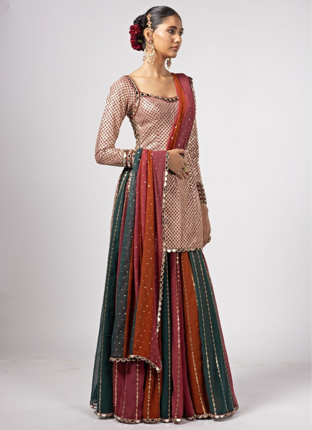 Cranberry Red Embroidered Kurta Lehenga Pants Set Vvani by Vani Vats - Fabilicious Fashion