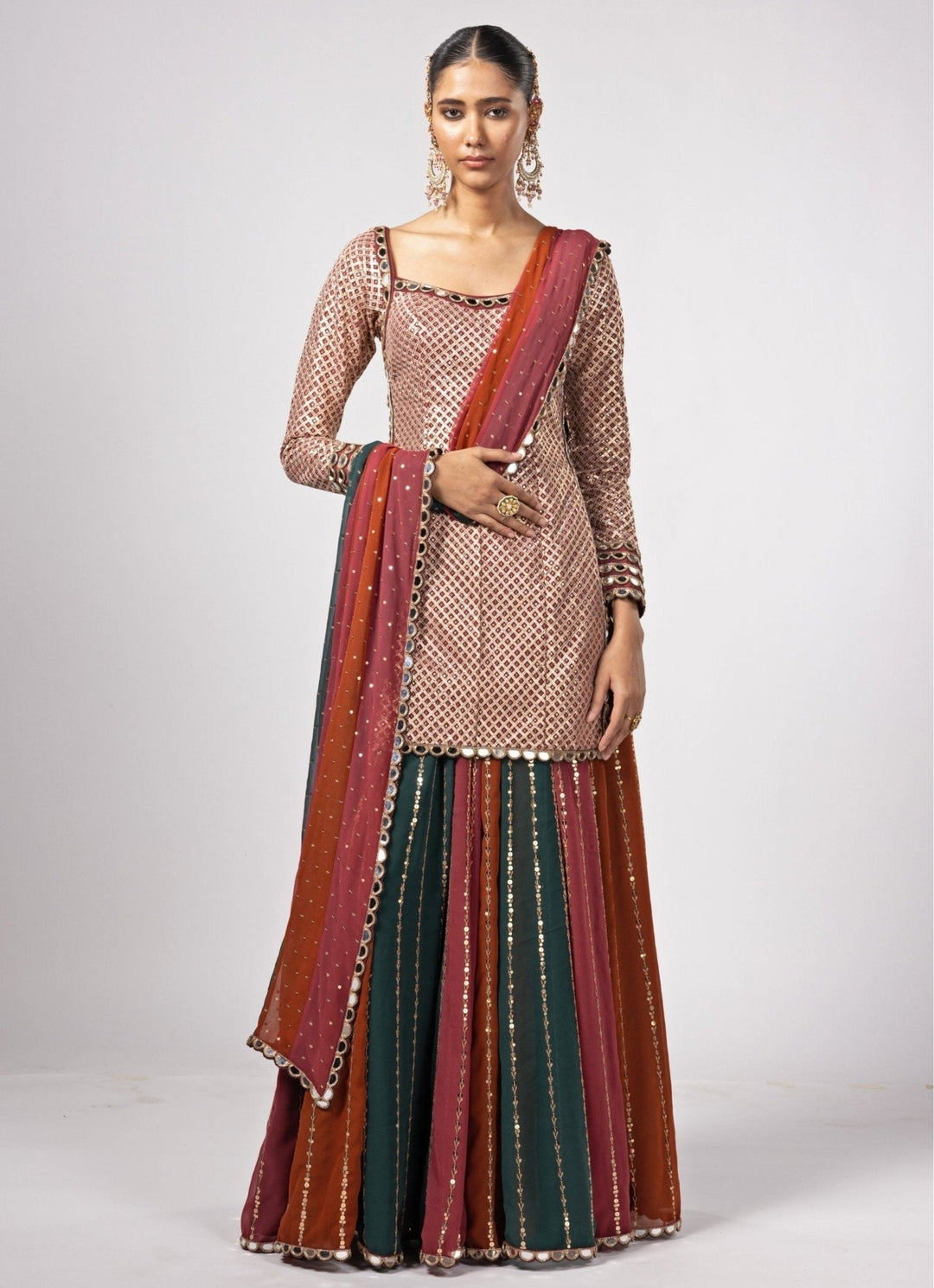 Cranberry Red Embroidered Kurta Lehenga Pants Set Vvani by Vani Vats - Fabilicious Fashion