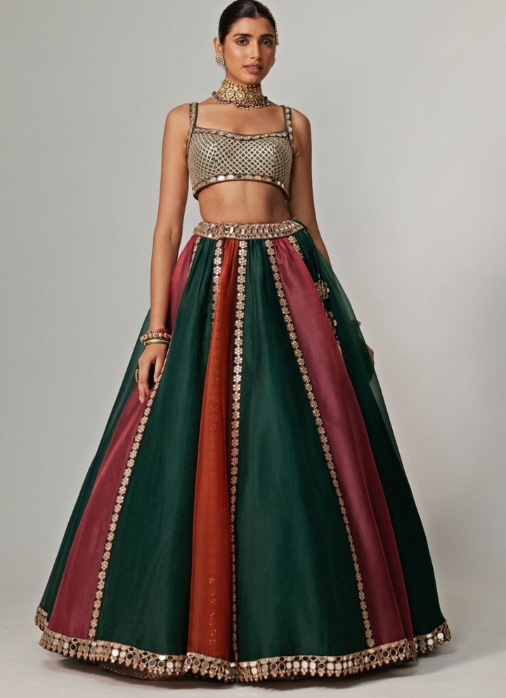Cranberry Red Multicolour Embroidered Organza Lehenga Set Vvani by Vani Vats - Fabilicious Fashion