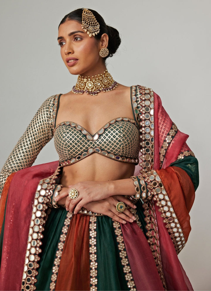 Cranberry Red Multicolour Embroidered Organza Lehenga Set Vvani by Vani Vats - Fabilicious Fashion