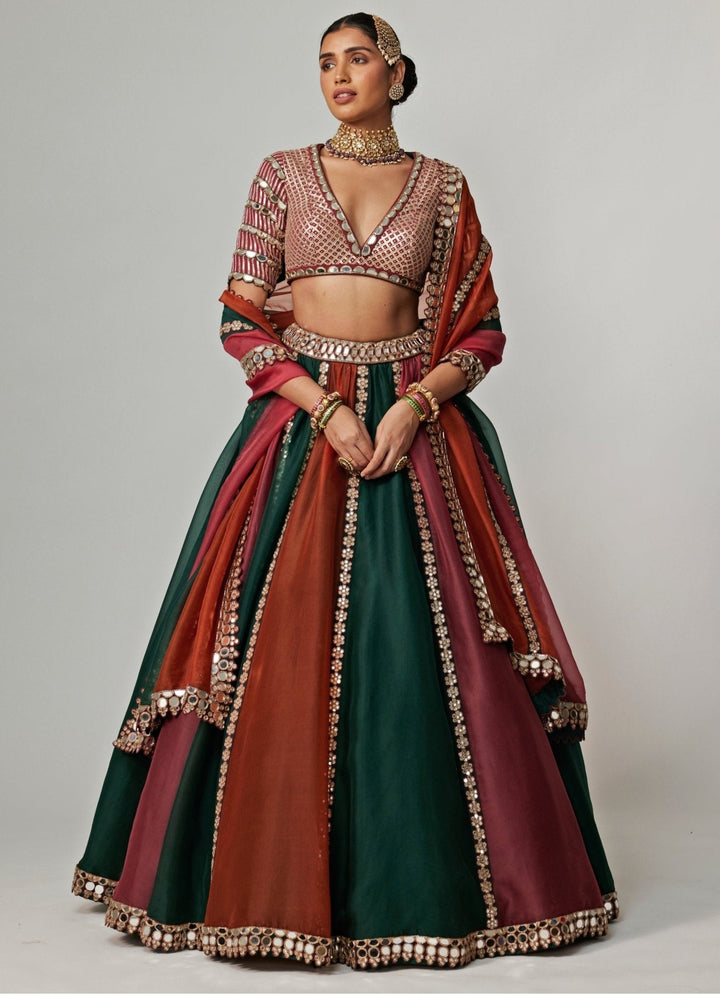 Cranberry Red Multicolour Embroidered Organza Lehenga Set Vvani by Vani Vats - Fabilicious Fashion