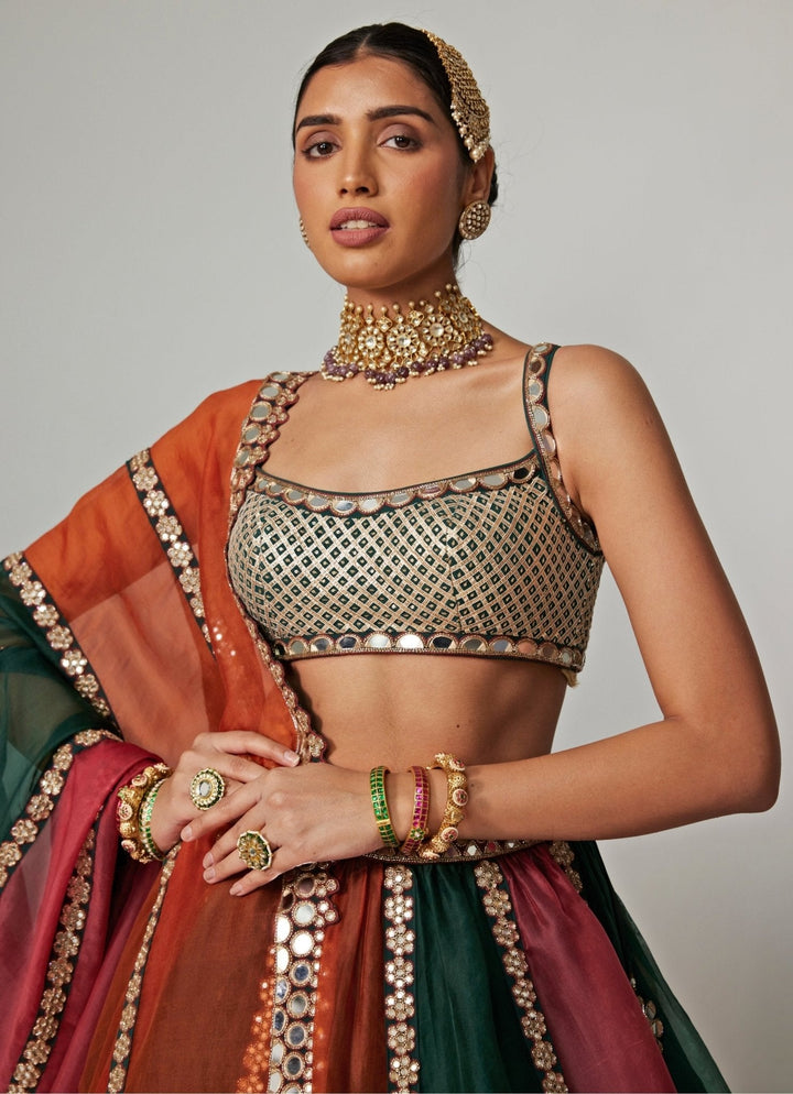 Cranberry Red Multicolour Embroidered Organza Lehenga Set Vvani by Vani Vats - Fabilicious Fashion