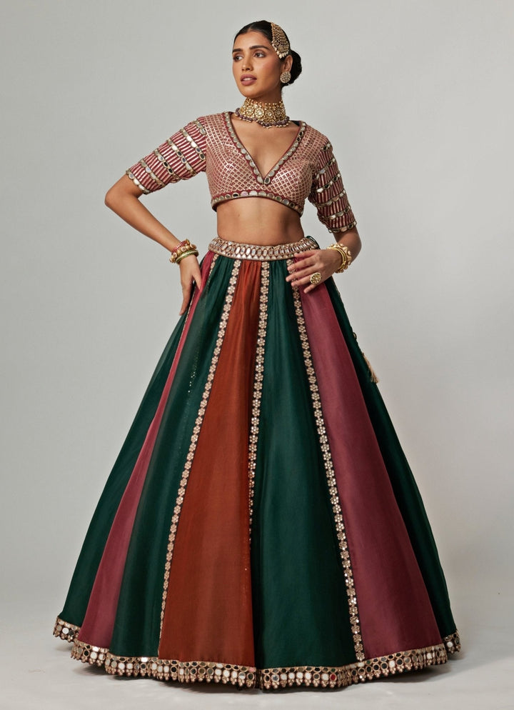 Cranberry Red Multicolour Embroidered Organza Lehenga Set Vvani by Vani Vats - Fabilicious Fashion