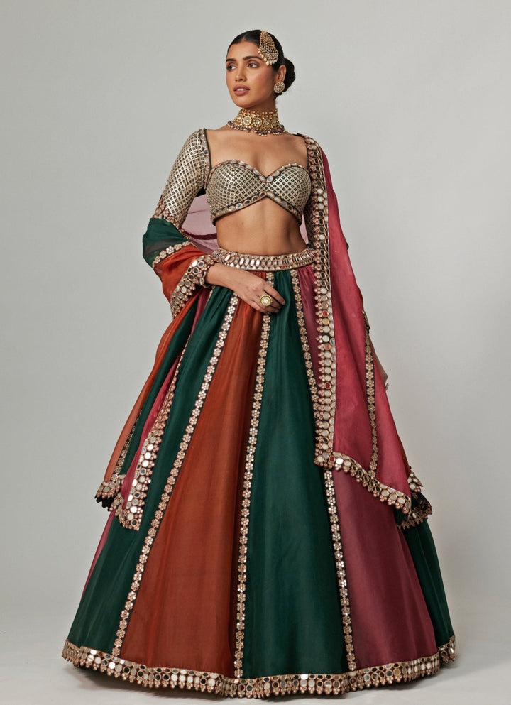 Cranberry Red Multicolour Embroidered Organza Lehenga Set Vvani by Vani Vats - Fabilicious Fashion