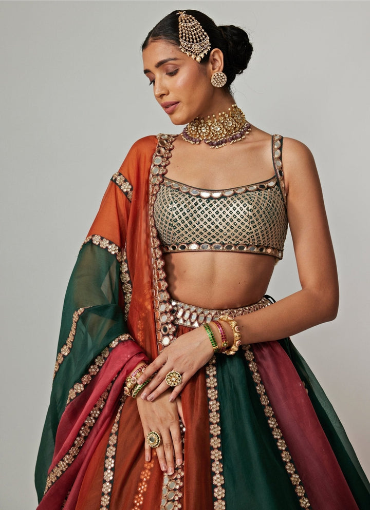 Cranberry Red Multicolour Embroidered Organza Lehenga Set Vvani by Vani Vats - Fabilicious Fashion