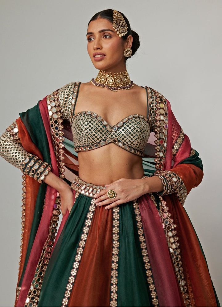 Cranberry Red Multicolour Embroidered Organza Lehenga Set Vvani by Vani Vats - Fabilicious Fashion
