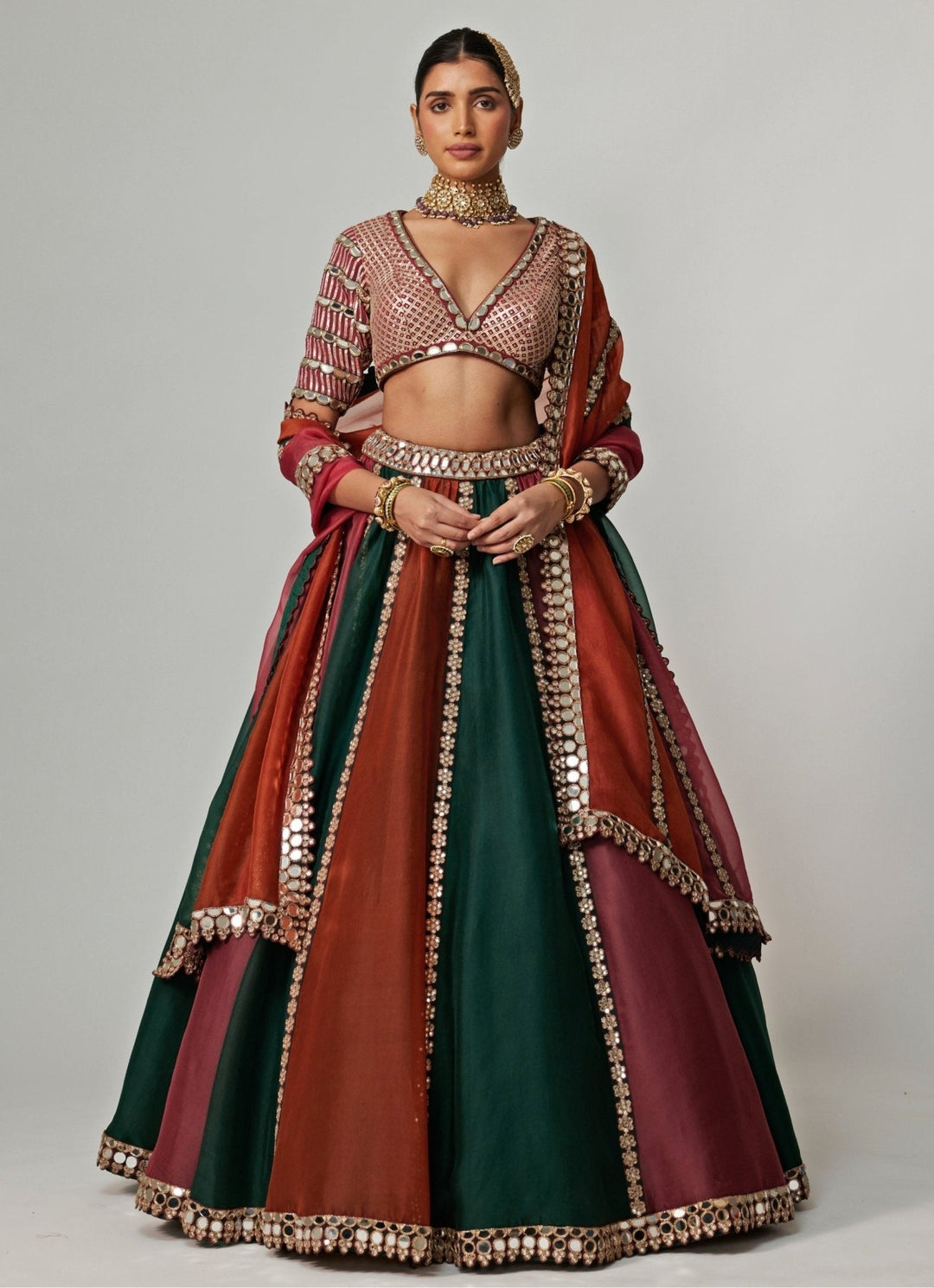 Cranberry Red Multicolour Embroidered Organza Lehenga Set Vvani by Vani Vats - Fabilicious Fashion