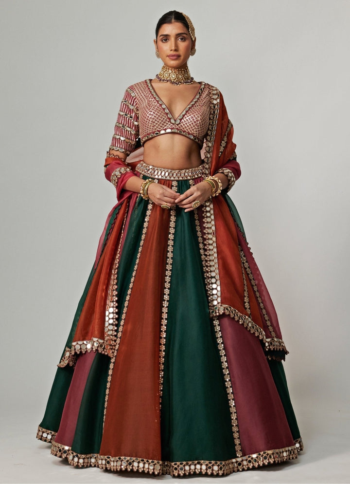 Cranberry Red Multicolour Embroidered Organza Lehenga Set Vvani by Vani Vats - Fabilicious Fashion