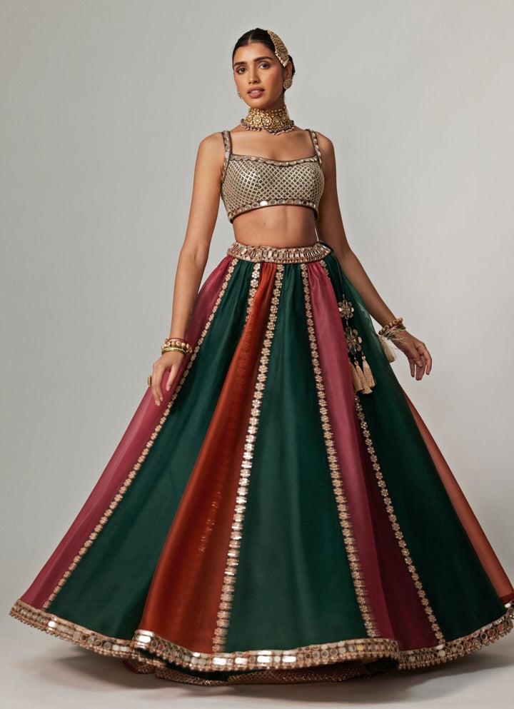 Cranberry Red Multicolour Embroidered Organza Lehenga Set Vvani by Vani Vats - Fabilicious Fashion