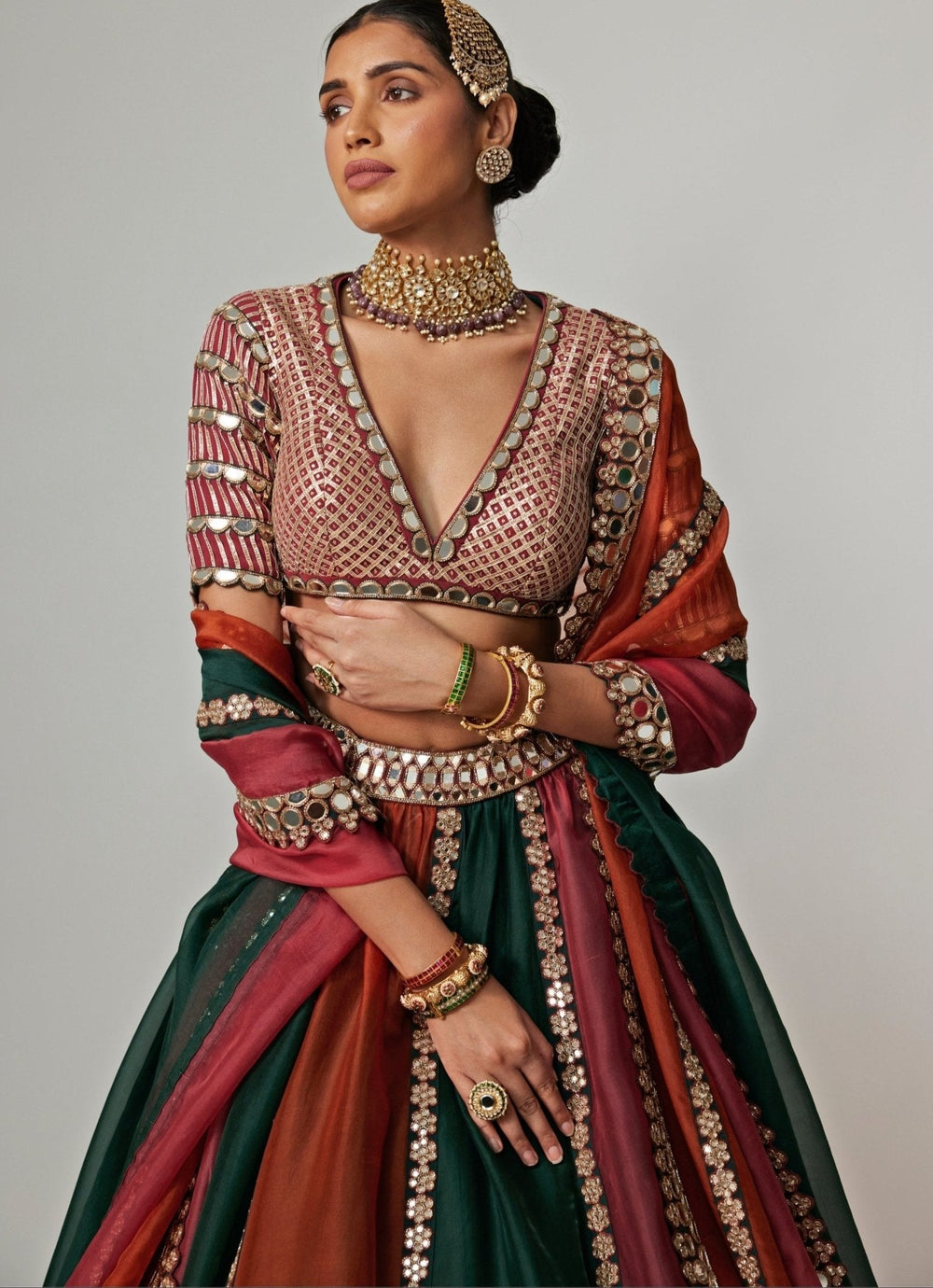 Cranberry Red Multicolour Embroidered Organza Lehenga Set Vvani by Vani Vats - Fabilicious Fashion