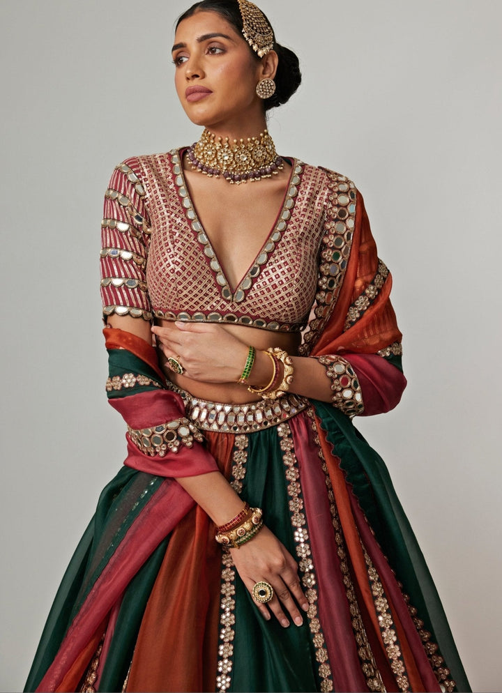 Cranberry Red Multicolour Embroidered Organza Lehenga Set Vvani by Vani Vats - Fabilicious Fashion