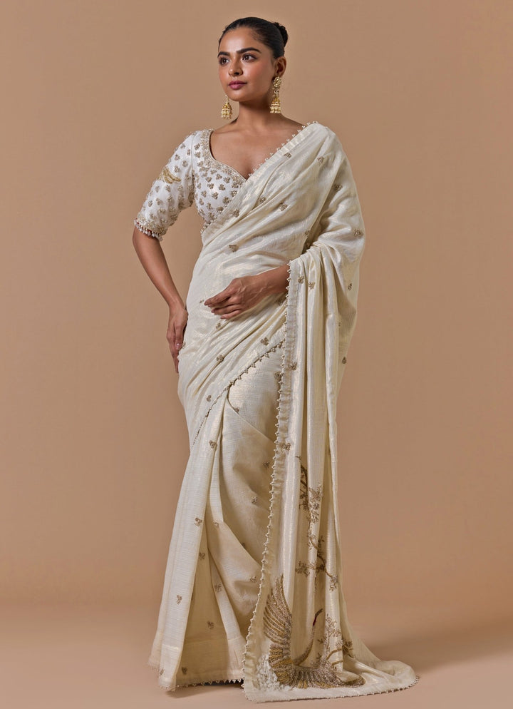 Cream And Gold Georgette Saree Nitika Gujral - Fabilicious Fashion