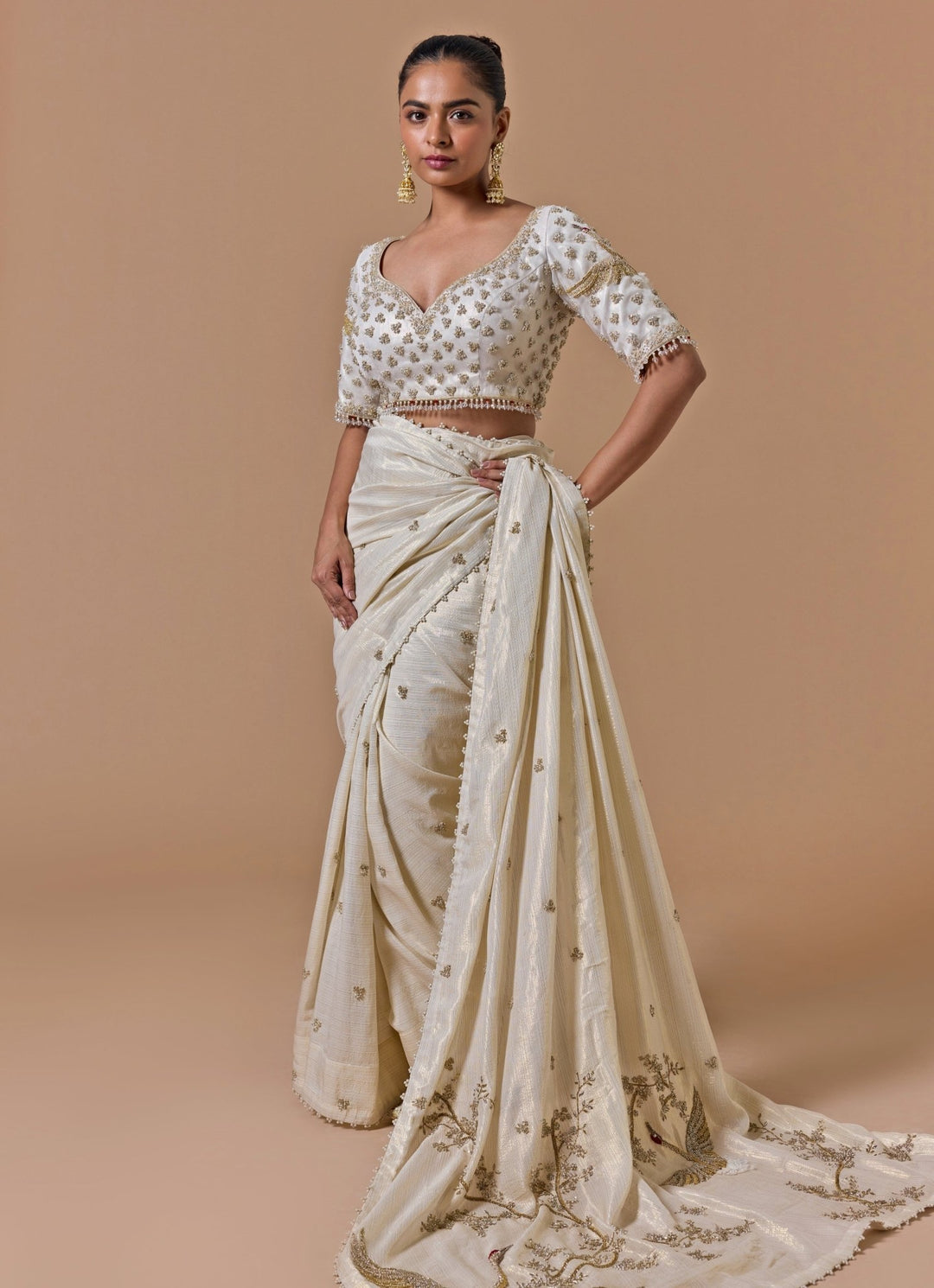 Cream And Gold Georgette Saree Nitika Gujral - Fabilicious Fashion