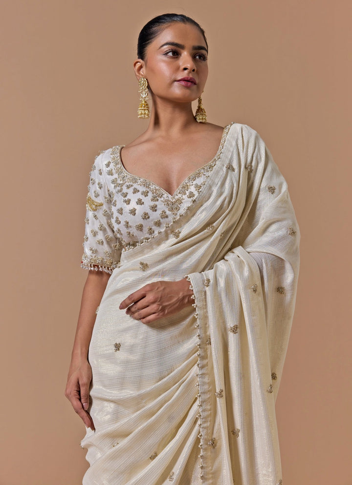 Cream And Gold Georgette Saree Nitika Gujral - Fabilicious Fashion