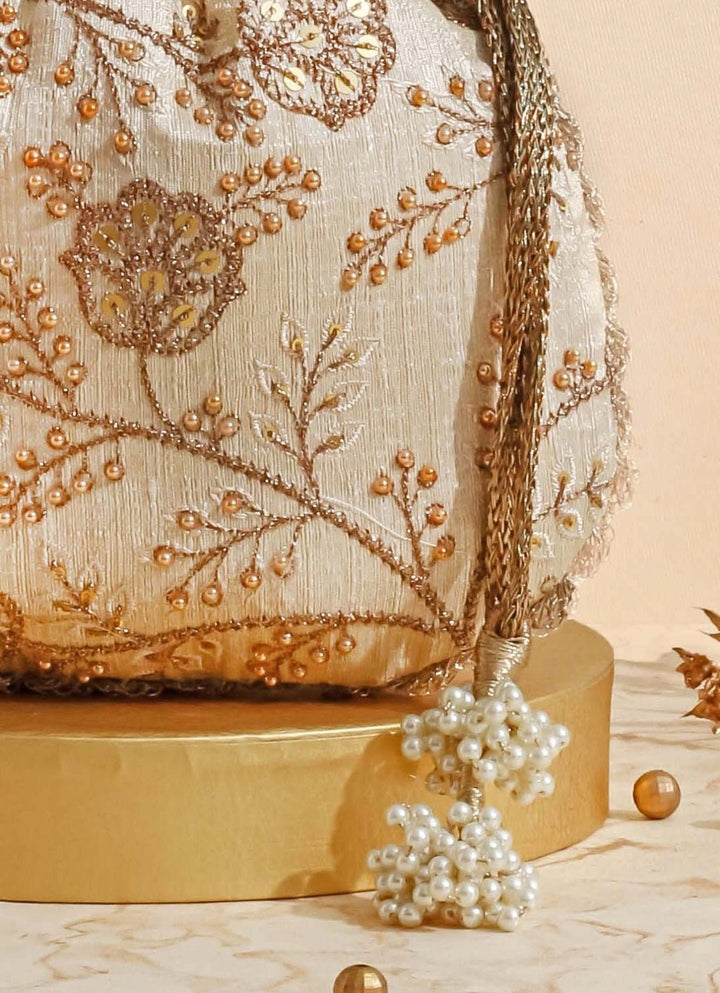 Cream Embellished Potli AMYRA - Fabilicious Fashion