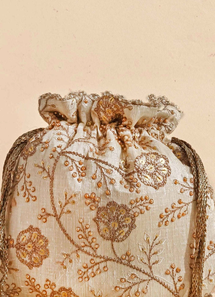 Cream Embellished Potli AMYRA - Fabilicious Fashion