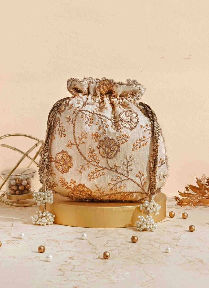 Cream Embellished Potli AMYRA - Fabilicious Fashion