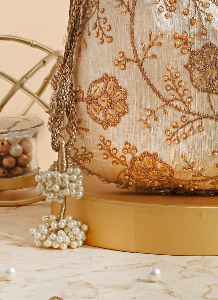 Cream Embellished Potli AMYRA - Fabilicious Fashion