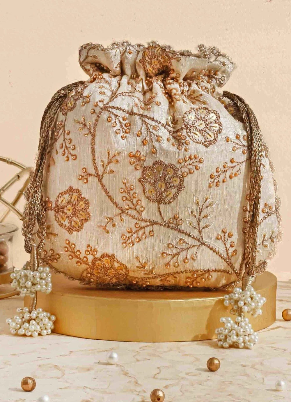 Cream Embellished Potli AMYRA - Fabilicious Fashion