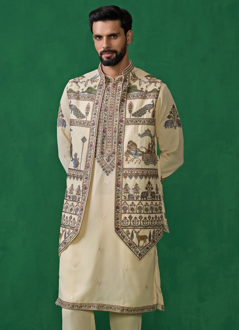 Cream Embroidered Georgette Kurta Jacket Set Kalpraag - Fabilicious Fashion