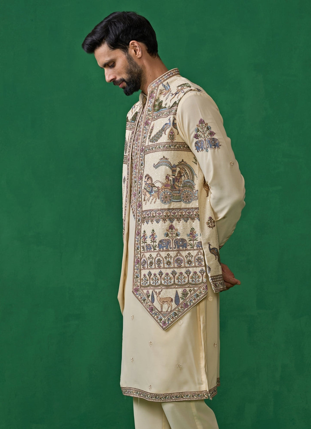 Cream Embroidered Georgette Kurta Jacket Set Kalpraag - Fabilicious Fashion