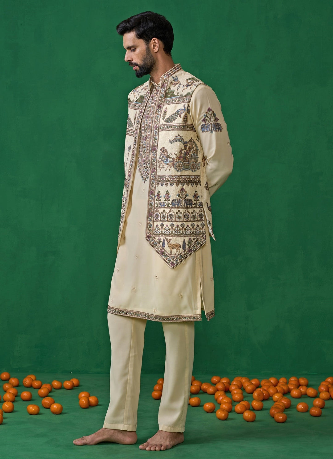 Cream Embroidered Georgette Kurta Jacket Set Kalpraag - Fabilicious Fashion