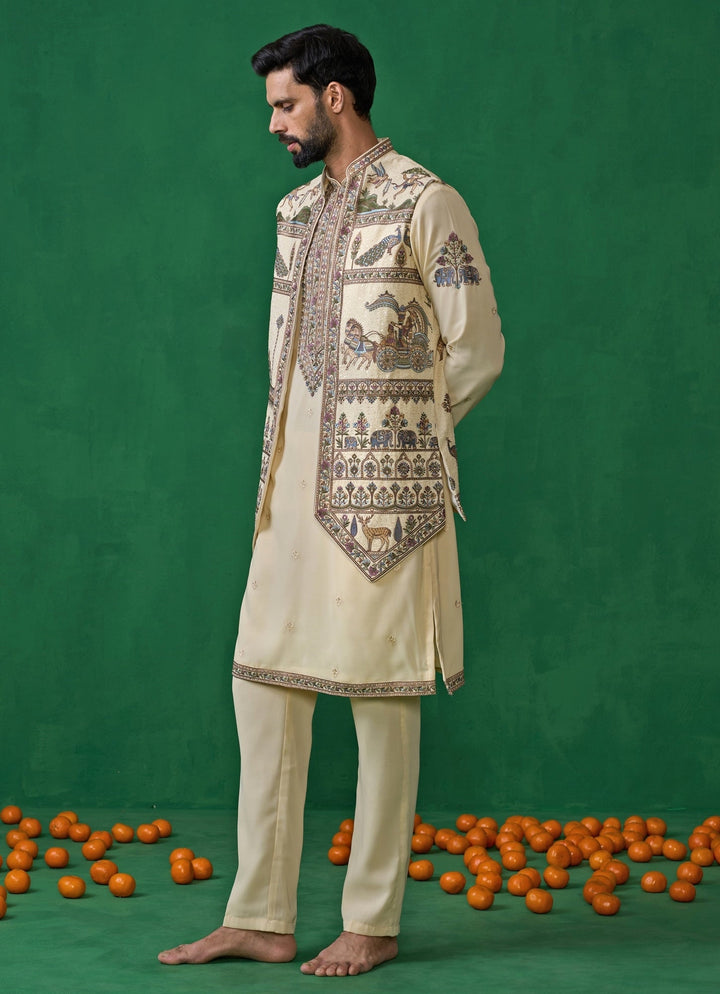 Cream Embroidered Georgette Kurta Jacket Set Kalpraag - Fabilicious Fashion