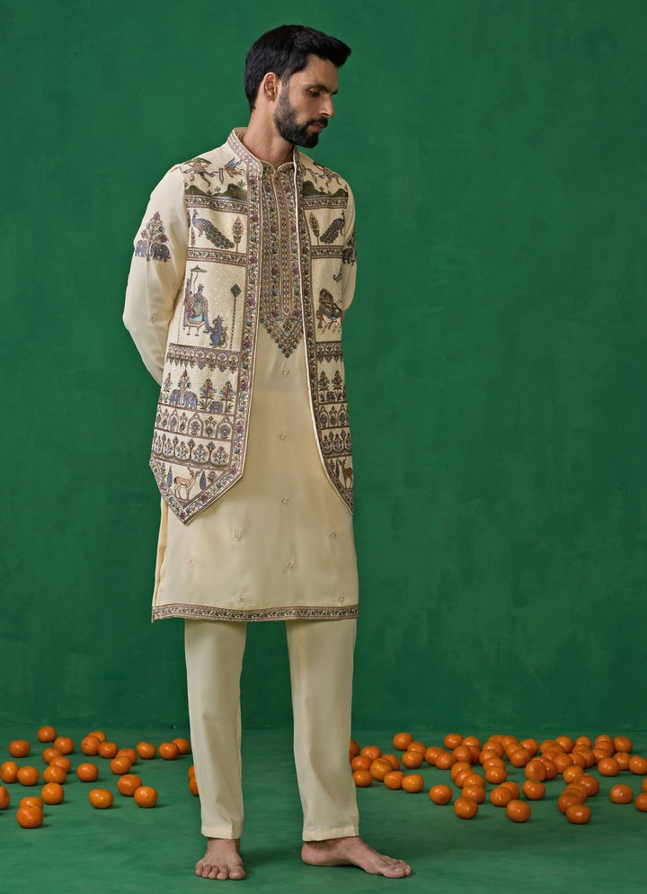 Cream Embroidered Georgette Kurta Jacket Set Kalpraag - Fabilicious Fashion