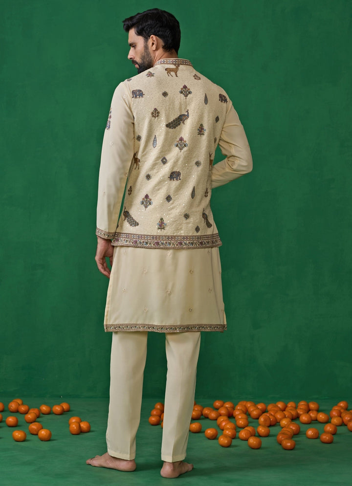 Cream Embroidered Georgette Kurta Jacket Set Kalpraag - Fabilicious Fashion