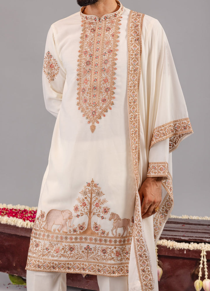Cream Embroidered Georgette Kurta Pant Set Kalpraag - Fabilicious Fashion