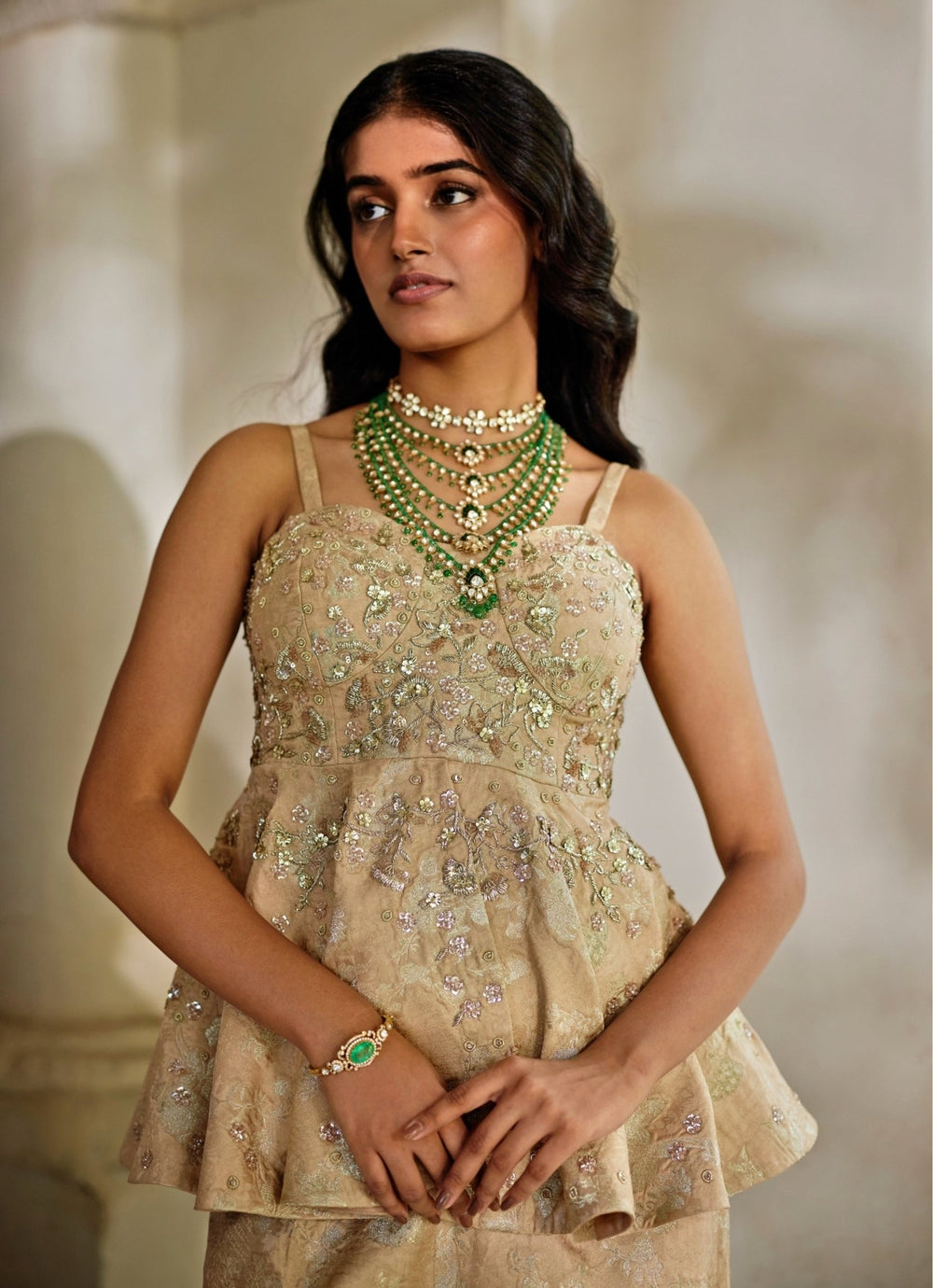 Cream Embroidered Jacquard Peplum Set Paulmi and Harsh - Fabilicious Fashion