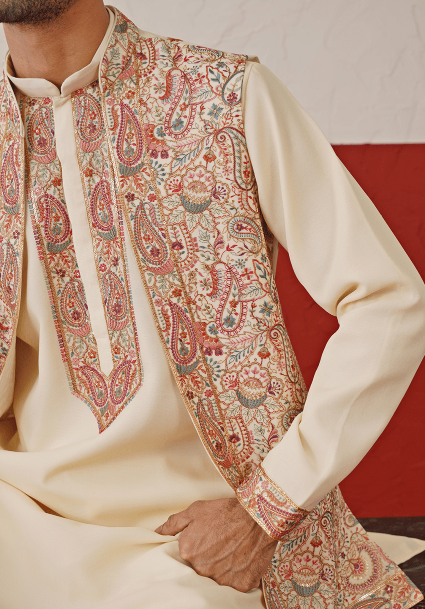 Cream Embroidered Kurta Set With Jacket Kalpraag - Fabilicious Fashion