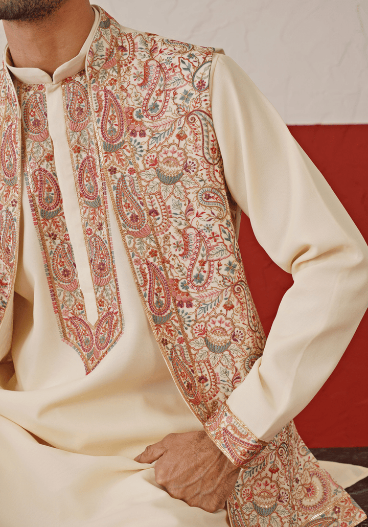 Cream Embroidered Kurta Set With Jacket Kalpraag - Fabilicious Fashion