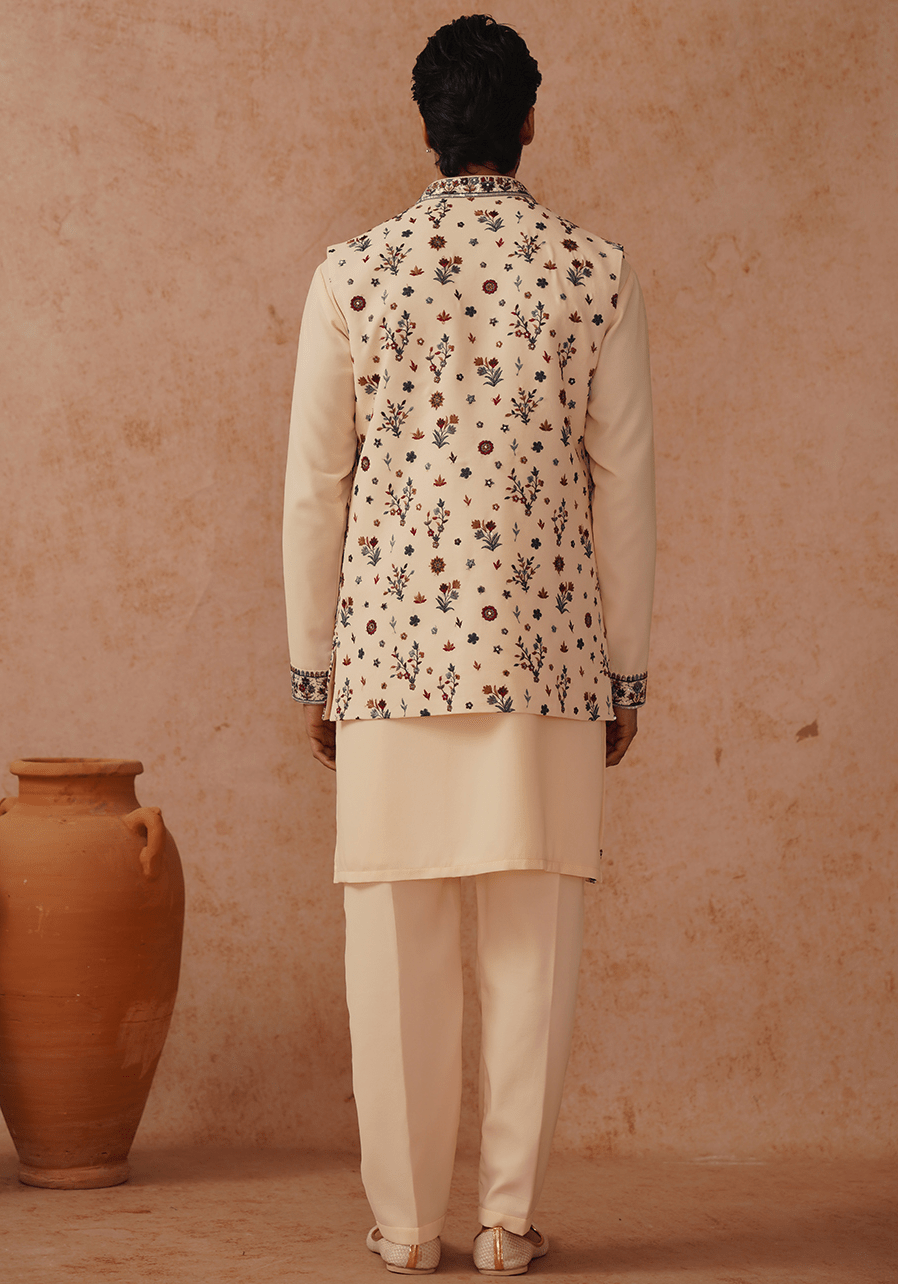 Cream Embroidered Kurta Set With Jacket Kalpraag - Fabilicious Fashion