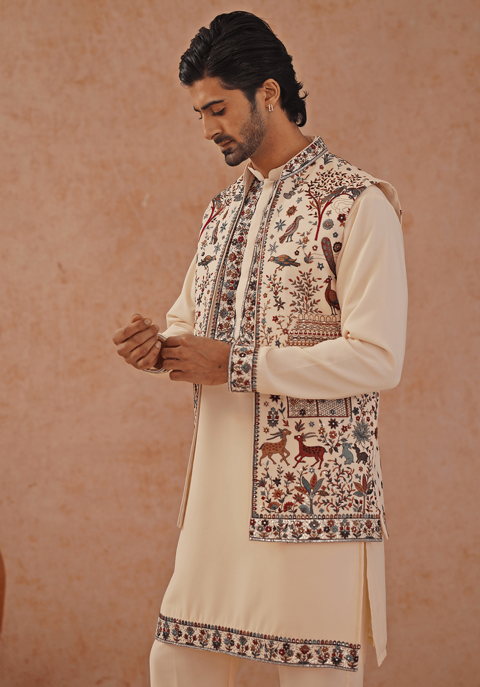 Cream Embroidered Kurta Set With Jacket Kalpraag - Fabilicious Fashion