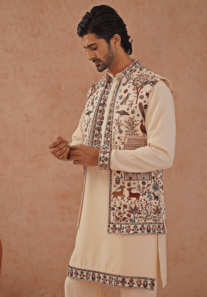 Cream Embroidered Kurta Set With Jacket Kalpraag - Fabilicious Fashion