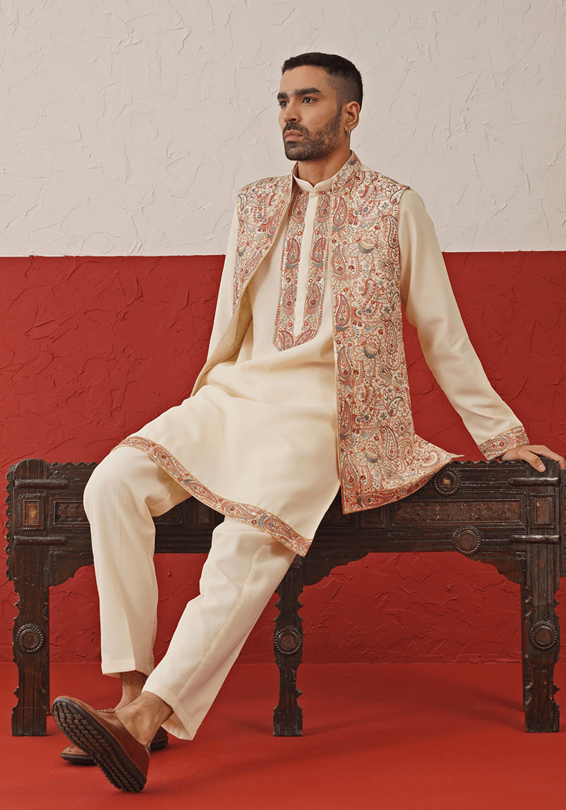 Cream Embroidered Kurta Set With Jacket Kalpraag - Fabilicious Fashion