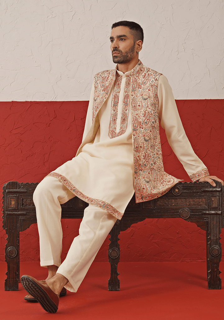 Cream Embroidered Kurta Set With Jacket Kalpraag - Fabilicious Fashion