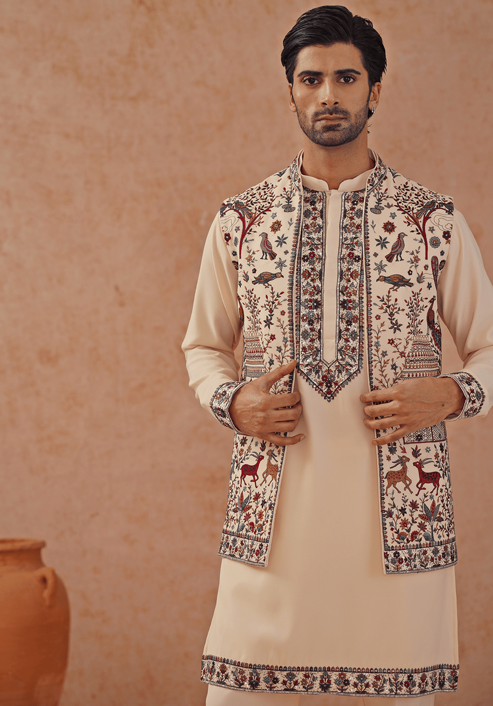 Cream Embroidered Kurta Set With Jacket Kalpraag - Fabilicious Fashion