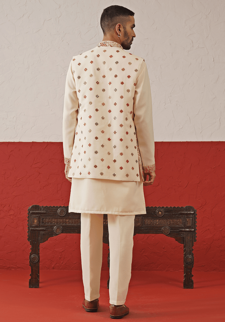 Cream Embroidered Kurta Set With Jacket Kalpraag - Fabilicious Fashion