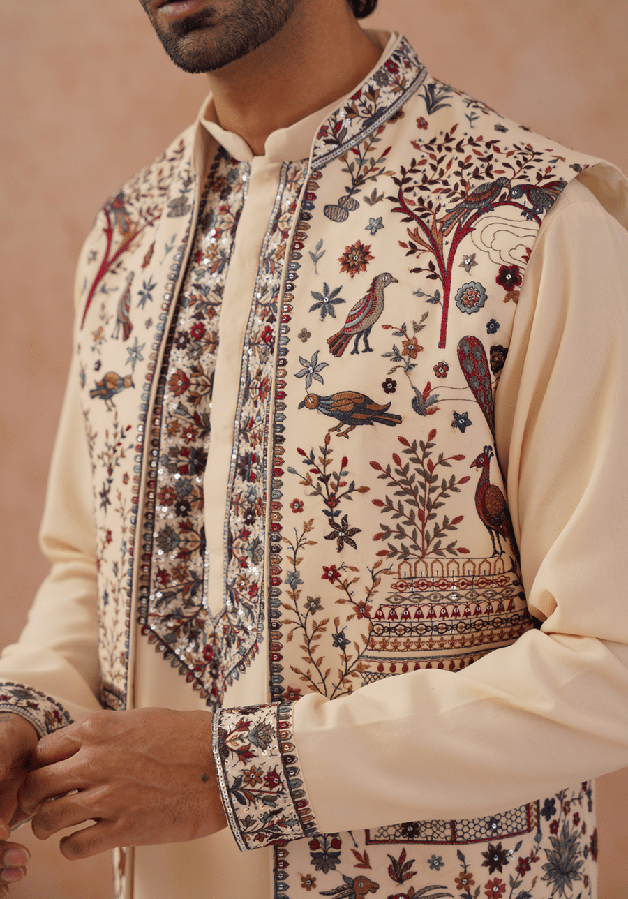 Cream Embroidered Kurta Set With Jacket Kalpraag - Fabilicious Fashion