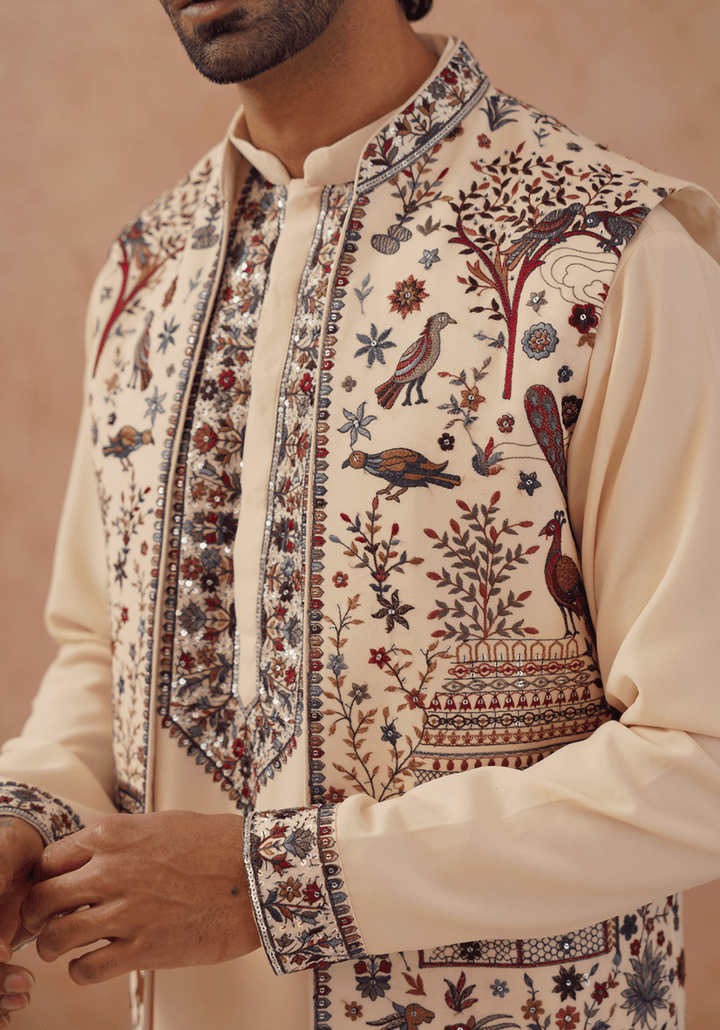 Cream Embroidered Kurta Set With Jacket Kalpraag - Fabilicious Fashion