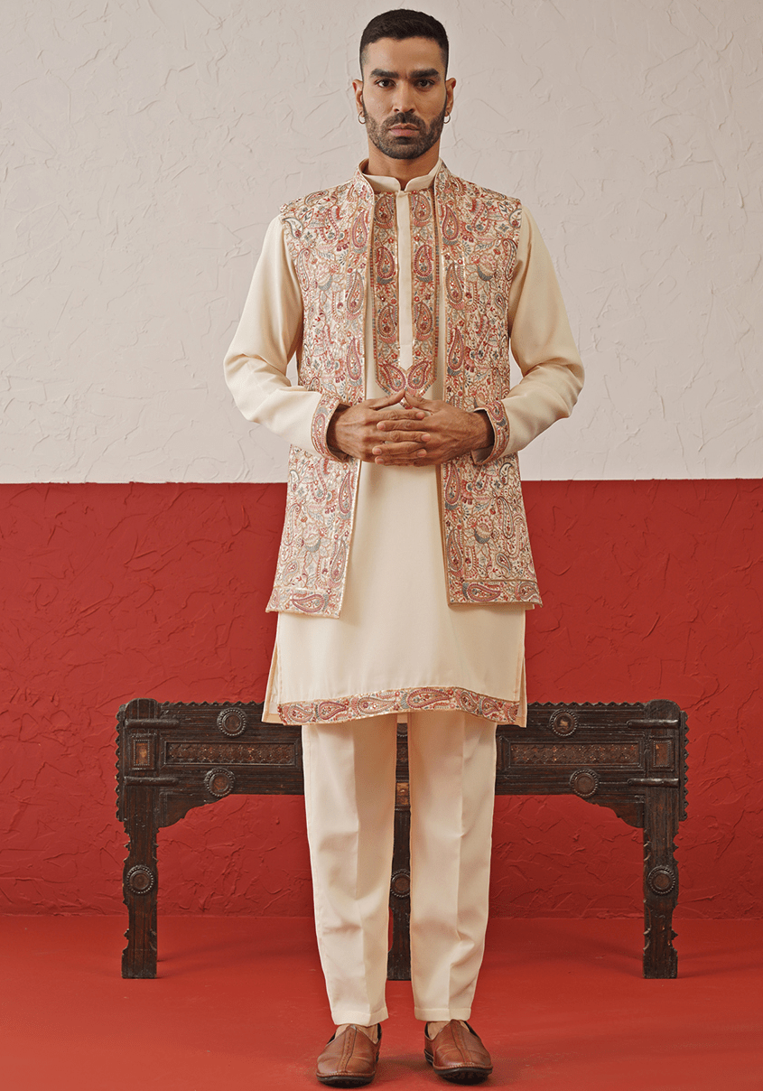 Cream Embroidered Kurta Set With Jacket Kalpraag - Fabilicious Fashion