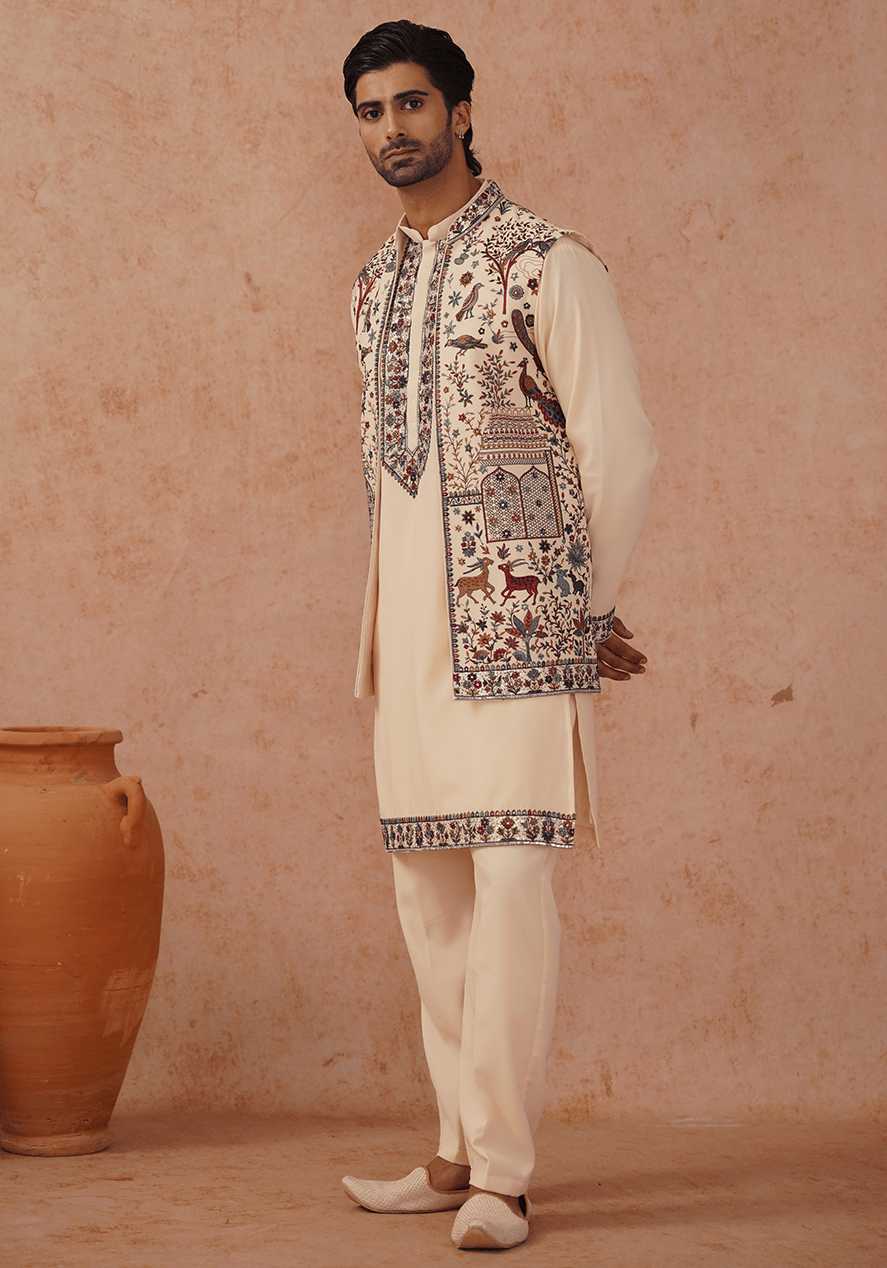 Cream Embroidered Kurta Set With Jacket Kalpraag - Fabilicious Fashion